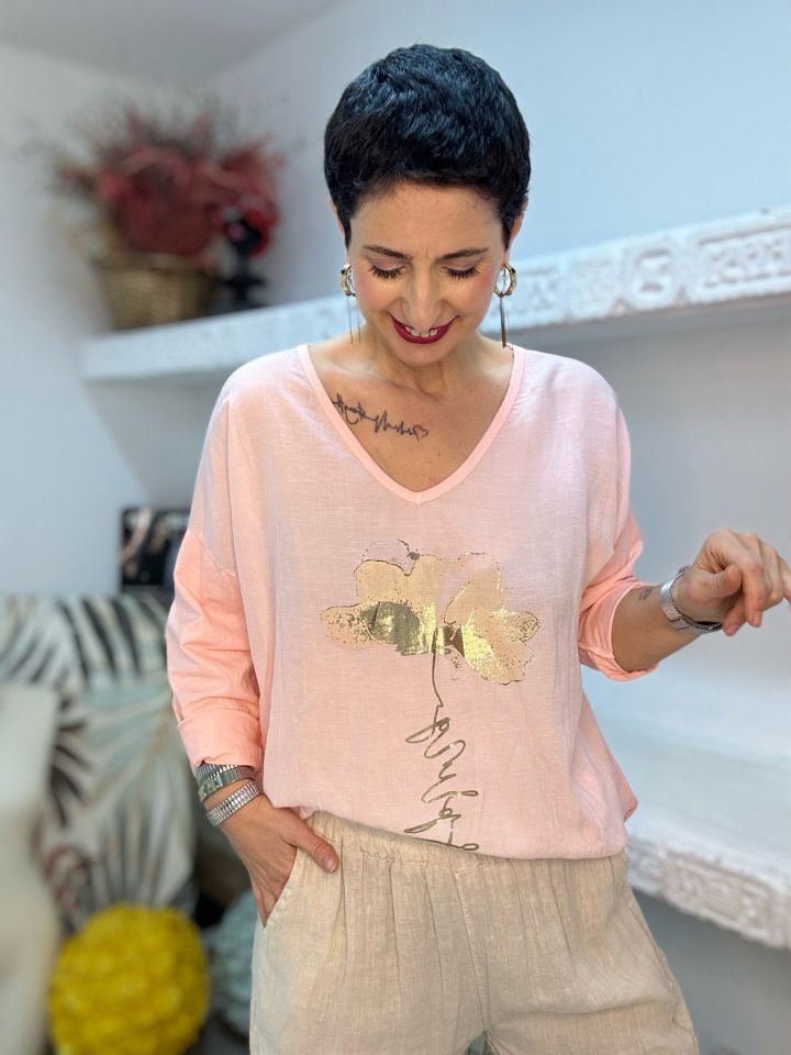 KARANFİL DESEN YALDIZLI V YAKA BLUZ