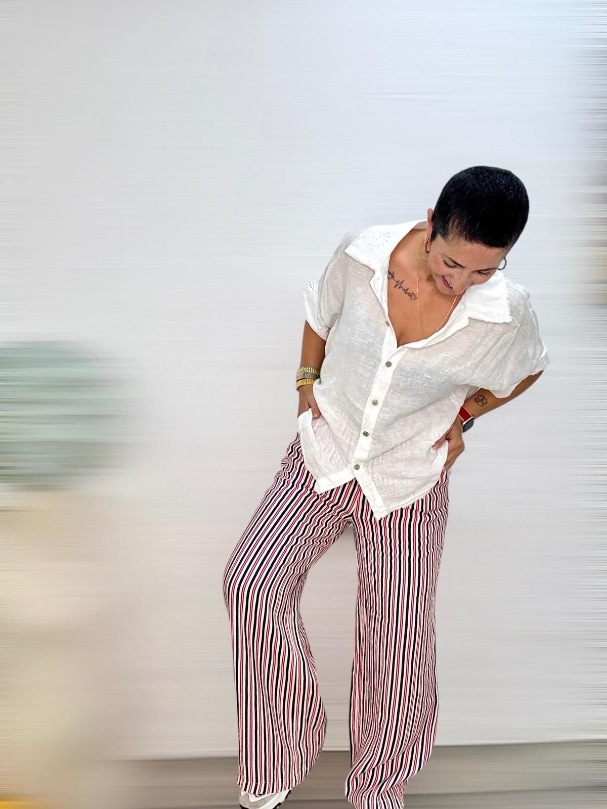 ÇİZGİLİ BELİ LASTİKLİ KETEN PANTOLON