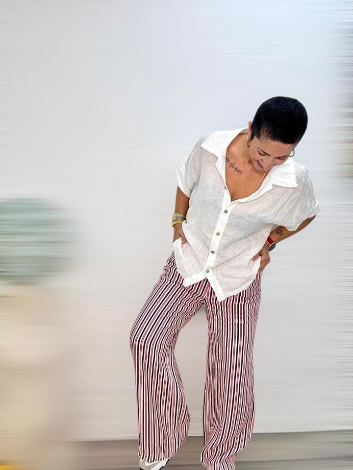 ÇİZGİLİ BELİ LASTİKLİ KETEN PANTOLON