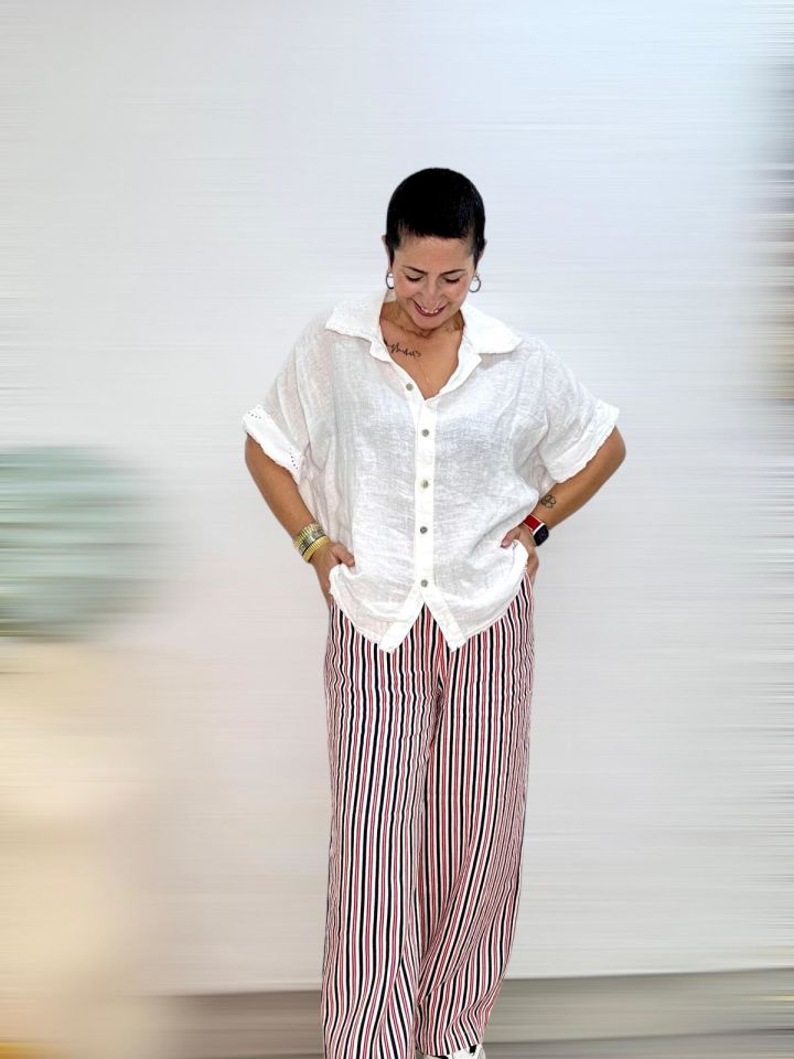 ÇİZGİLİ BELİ LASTİKLİ KETEN PANTOLON