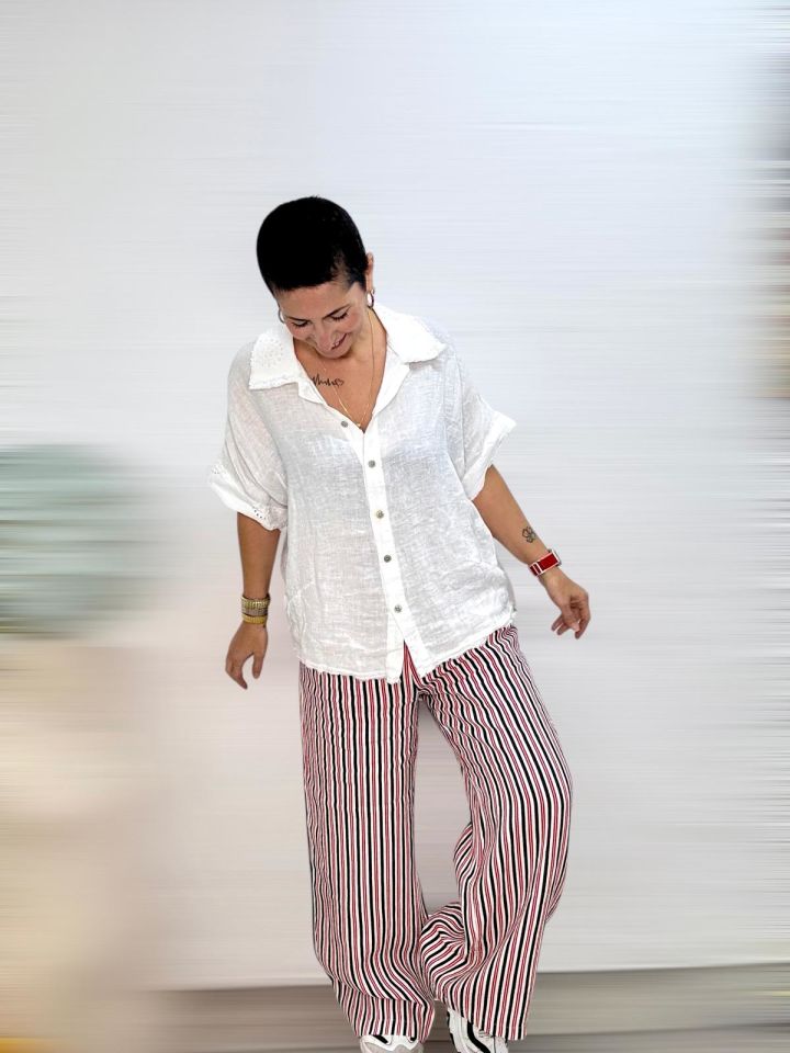 ÇİZGİLİ BELİ LASTİKLİ KETEN PANTOLON