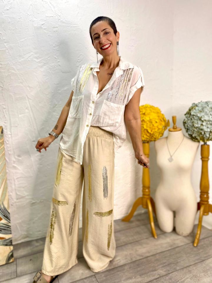YALDIZ DETAYLI KETEN PANTOLON