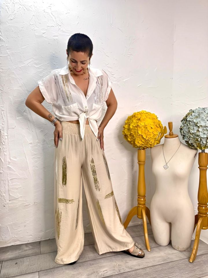YALDIZ DETAYLI KETEN PANTOLON