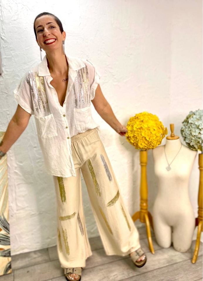 YALDIZ DETAYLI KETEN PANTOLON
