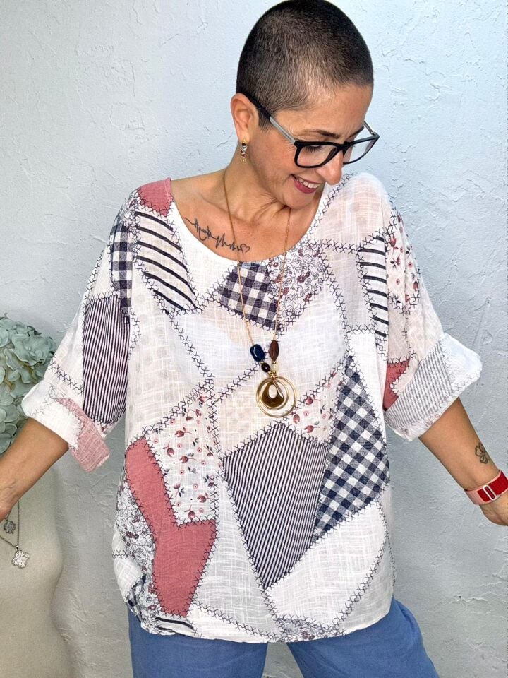 PATCHWORK DESEN KOLYELİ BLUZ
