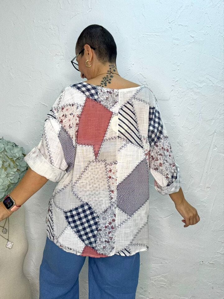PATCHWORK DESEN KOLYELİ BLUZ