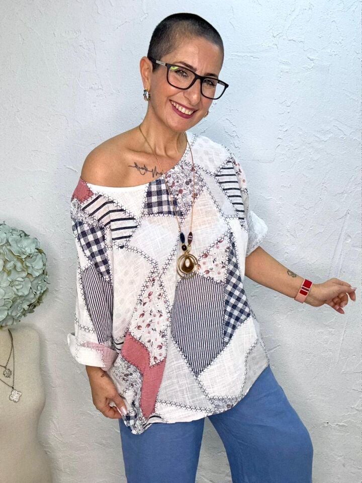 PATCHWORK DESEN KOLYELİ BLUZ