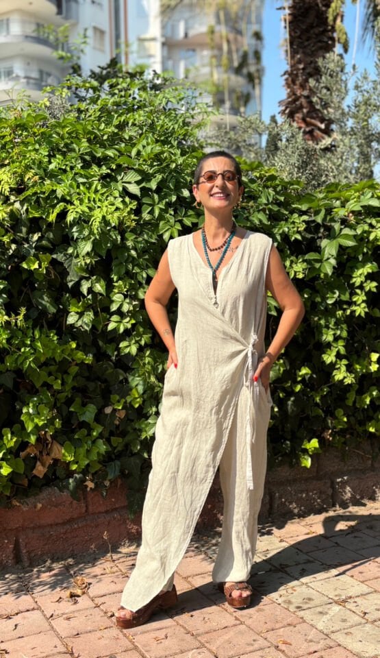 Önden Bağlamalı %100 Keten Tulum
