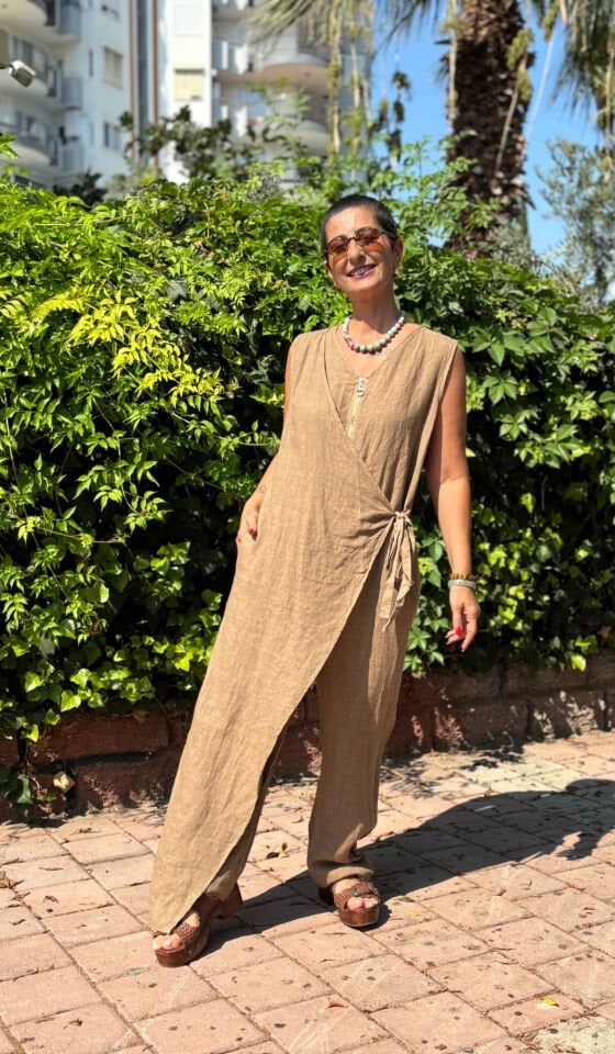 Önden Bağlamalı %100 Keten Tulum