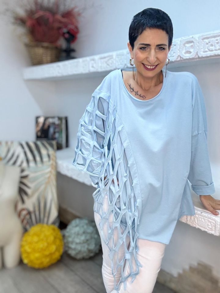 DÜZ DESEN FİLE DETAYLI OVERSİZE BLUZ