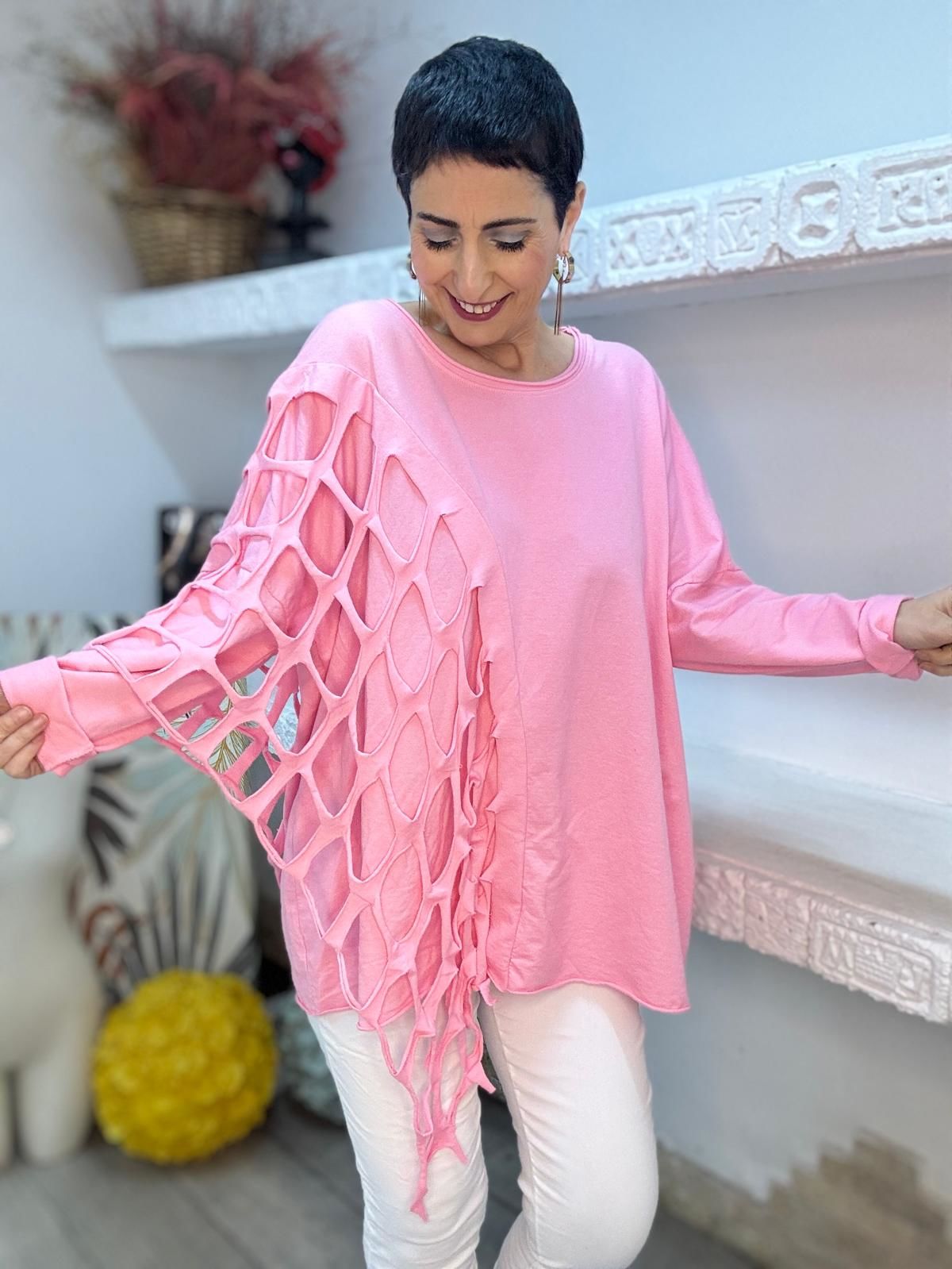 DÜZ DESEN FİLE DETAYLI OVERSİZE BLUZ