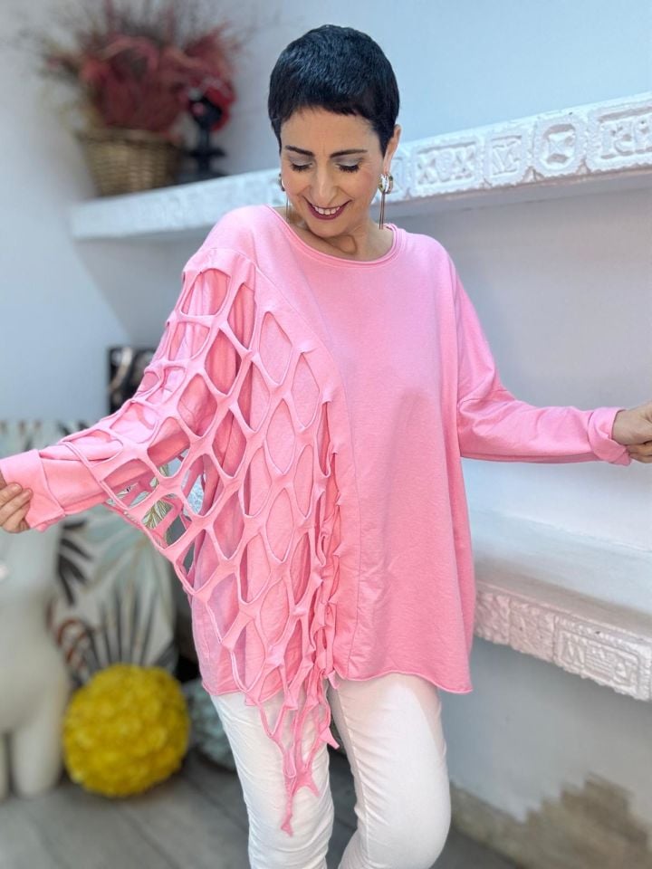 DÜZ DESEN FİLE DETAYLI OVERSİZE BLUZ