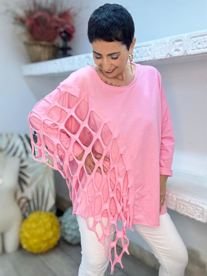 DÜZ DESEN FİLE DETAYLI OVERSİZE BLUZ