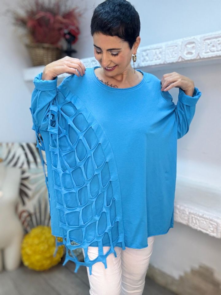 DÜZ DESEN FİLE DETAYLI OVERSİZE BLUZ
