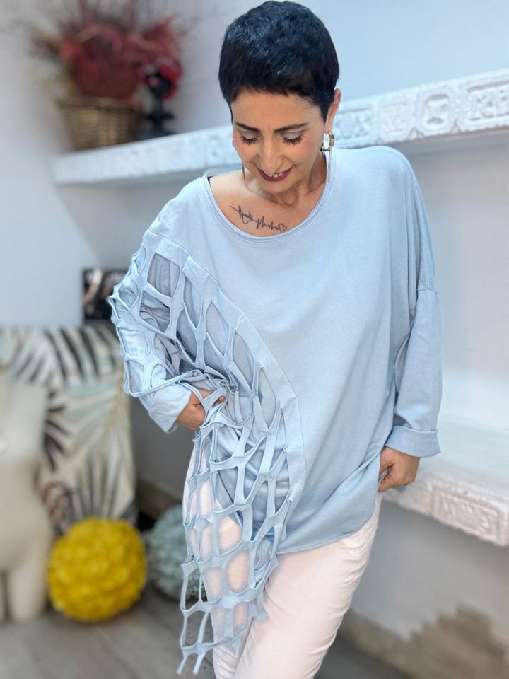 DÜZ DESEN FİLE DETAYLI OVERSİZE BLUZ